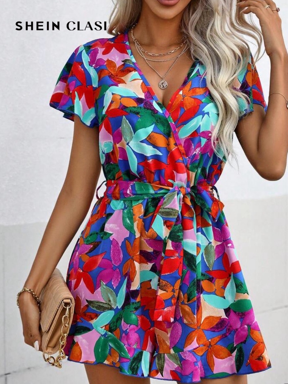 Multicolor Floral Wrap Mini Dress